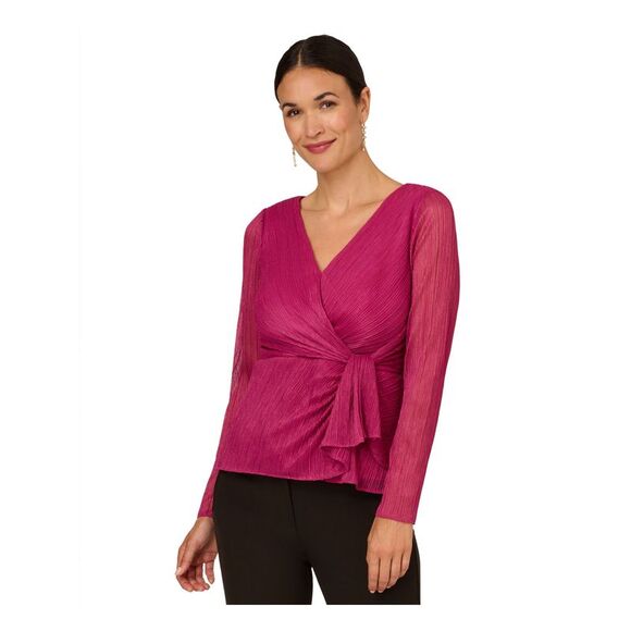 ADRIANNA PAPELL Tops - ADRIANNA PAPELL Womens Pink Tie Waist Long Sleeve Evening Faux Wrap Top 10